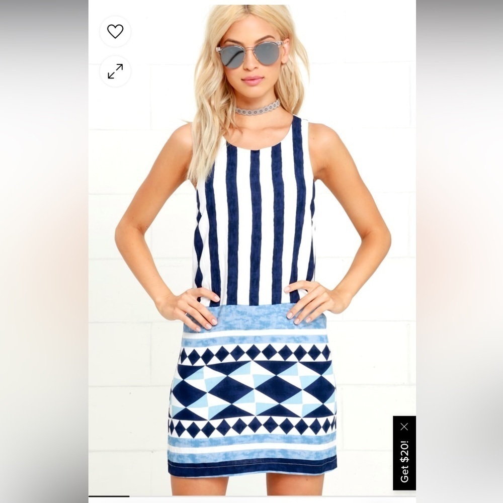 Lulus‎ Women's Multitask-Queen Ivory Blue Print Shift Dress